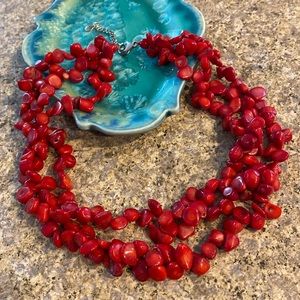 Multi Strand Chunky Red Dyed Coral and Sterling Silver Necklace 925 LUC